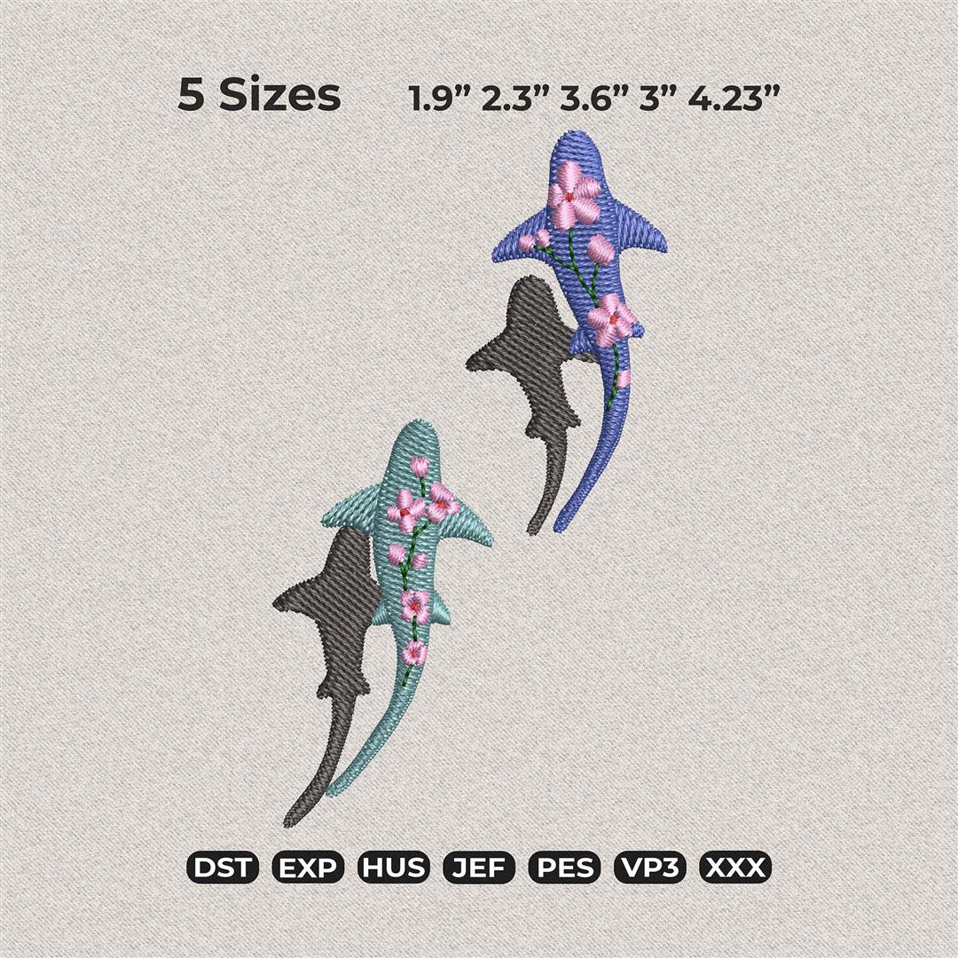 Floral shark machine embroidery design