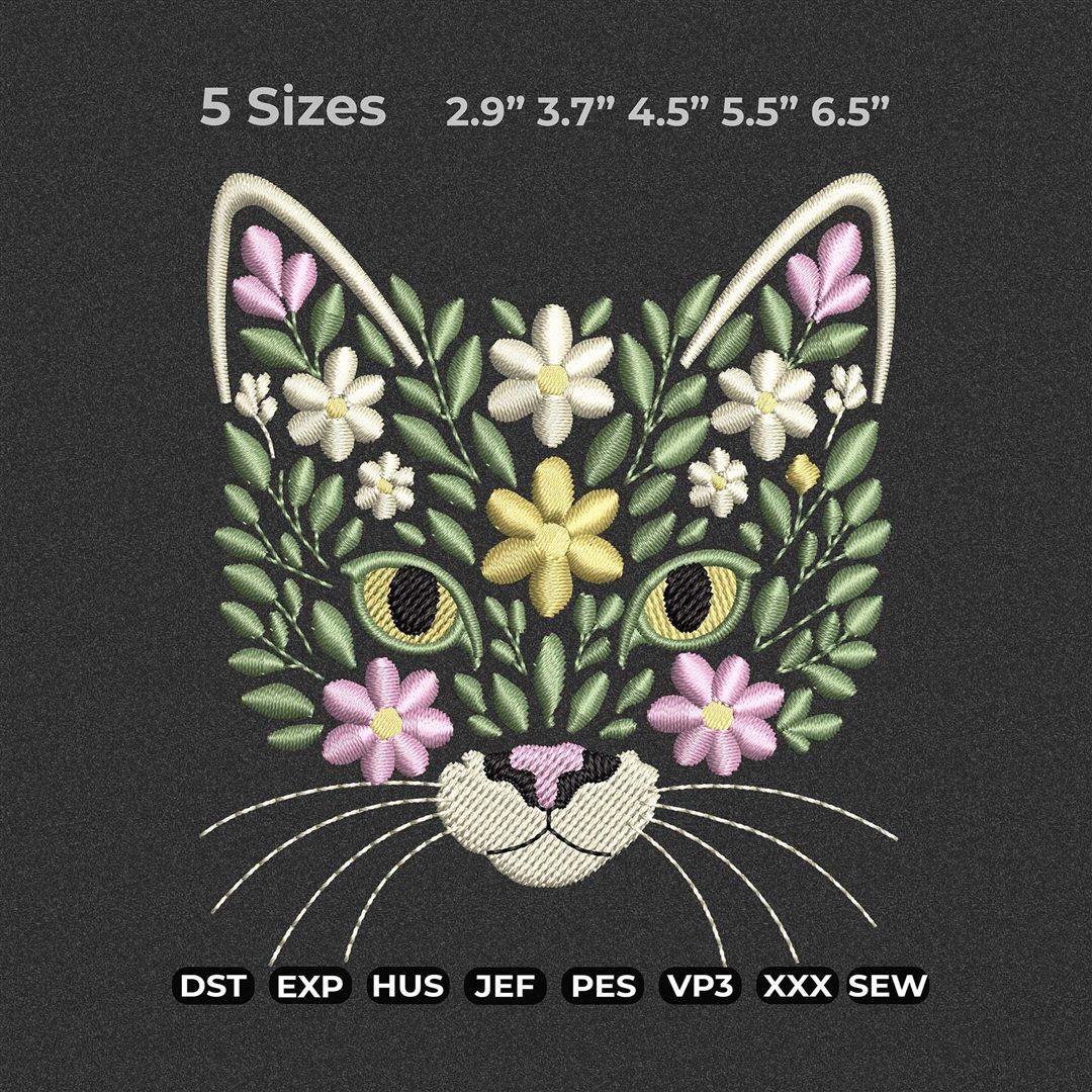 Floral cat machine embroidery design